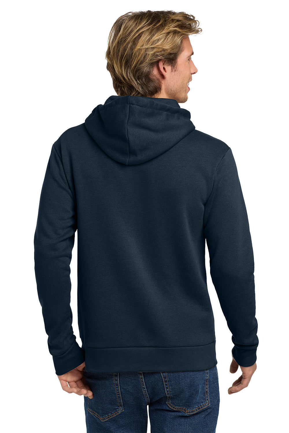 Person wearing a navy blue hoodie from behind on a white background. Next Level Apparel® Adult Santa Barbara Pullover Hoodie, Embroidered