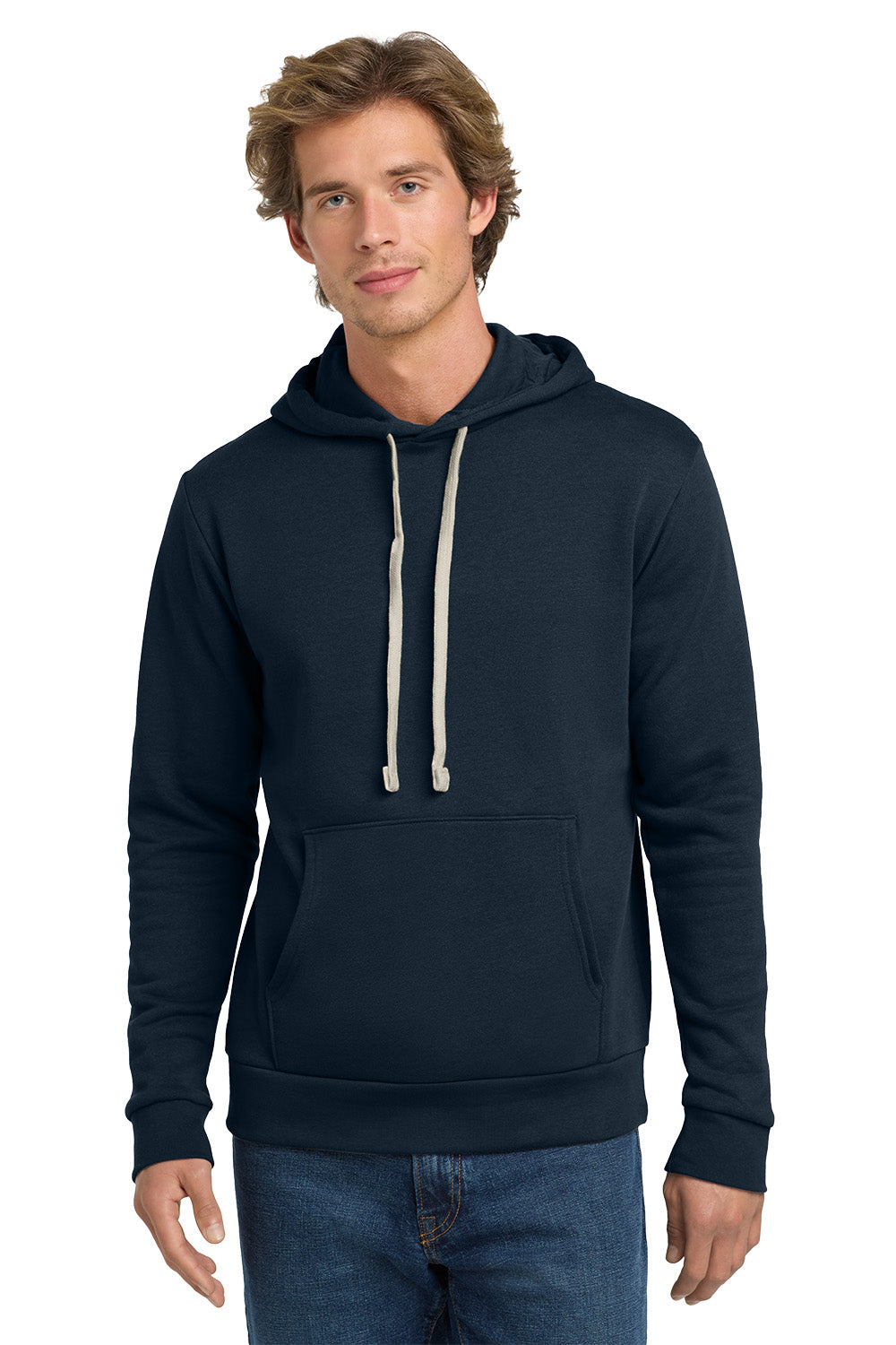 Man wearing a navy blue hoodie with a white background. Next Level Apparel® Adult Santa Barbara Pullover Hoodie, Embroidered