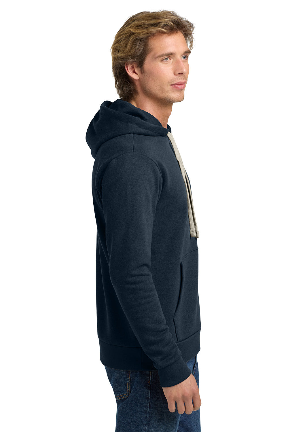 Man wearing a navy blue hoodie with a white drawstring on a white background. Next Level Apparel® Adult Santa Barbara Pullover Hoodie, Embroidered