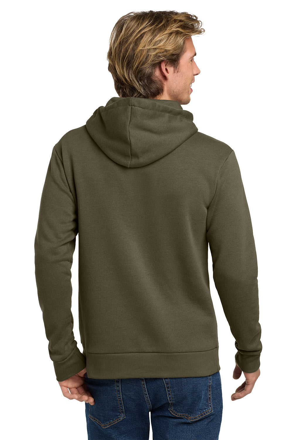 A man viewed from the back wearing an olive green pullover hoodie and blue jeans against a plain white background. Next Level Apparel® Adult Santa Barbara Pullover Hoodie, Embroidered