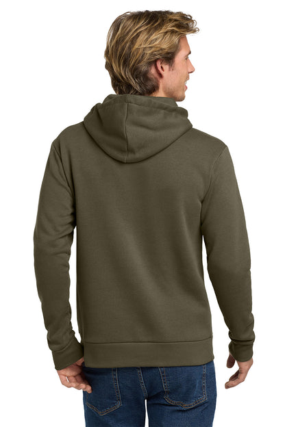 A man viewed from the back wearing an olive green pullover hoodie and blue jeans against a plain white background. Next Level Apparel® Adult Santa Barbara Pullover Hoodie, Embroidered