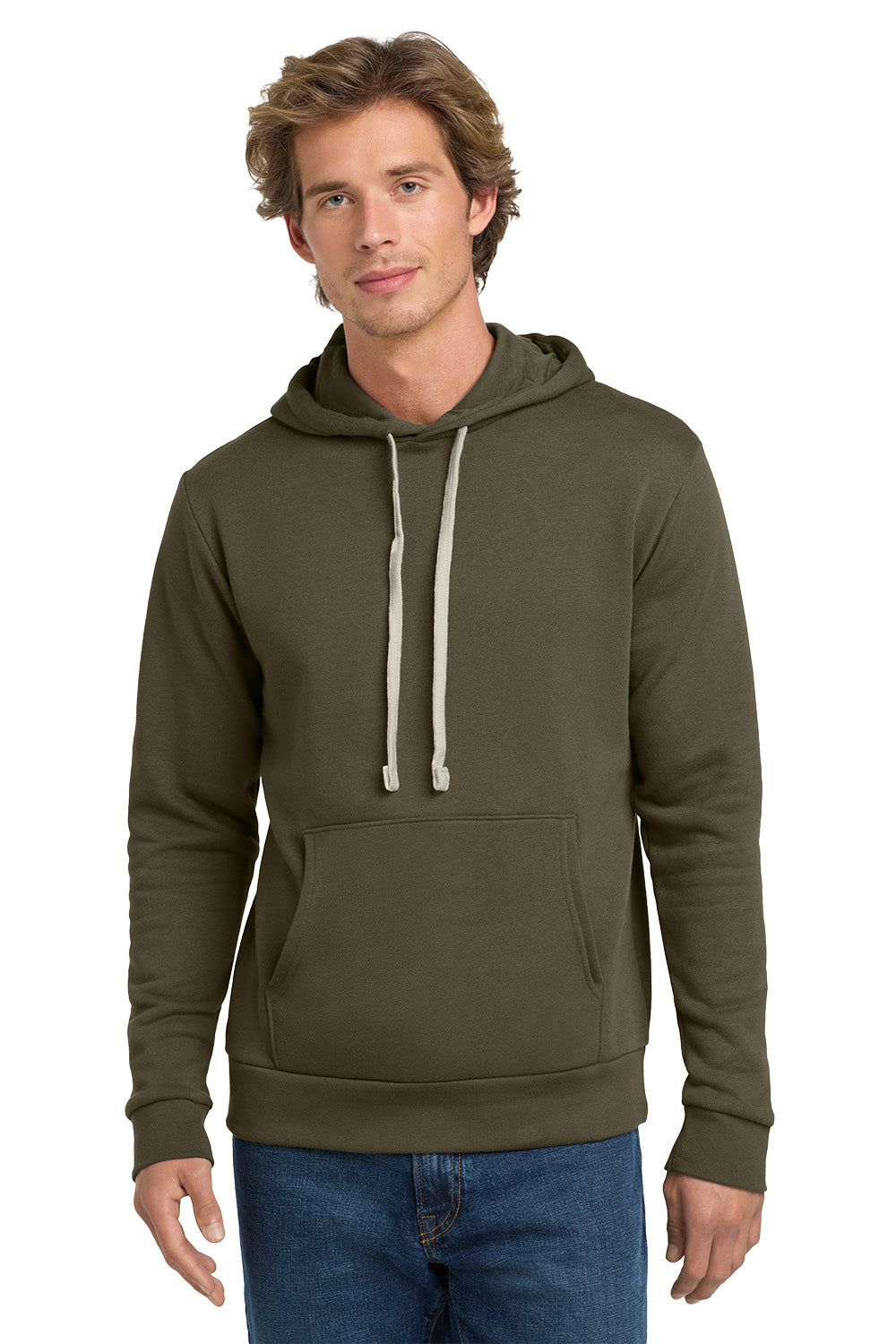 Man wearing an olive green hoodie on a white background. Next Level Apparel® Adult Santa Barbara Pullover Hoodie, Embroidered