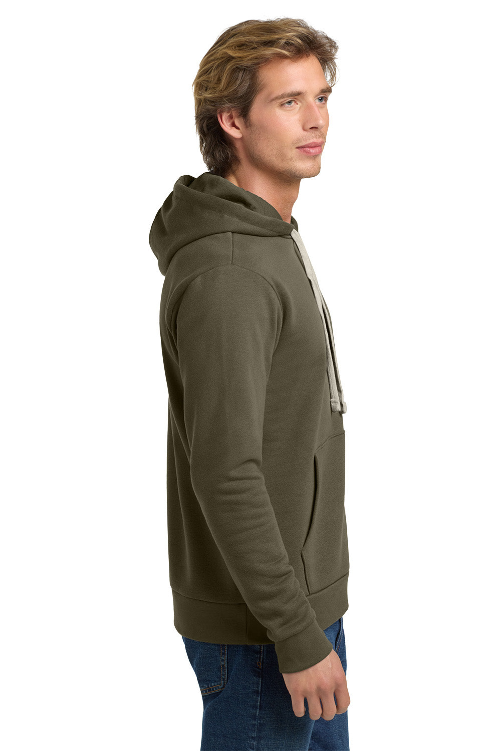 Man wearing an olive green hoodie on a white background. Next Level Apparel® Adult Santa Barbara Pullover Hoodie, Embroidered
