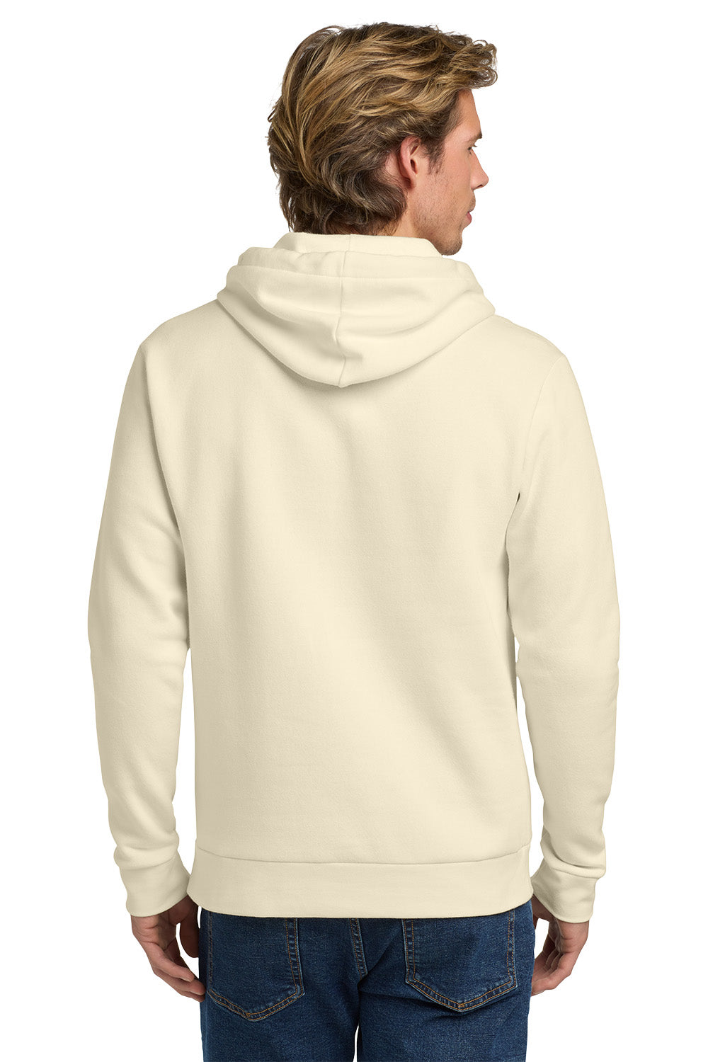 Person wearing a beige hoodie from behind on a white background. Next Level Apparel® Adult Santa Barbara Pullover Hoodie, Embroidered