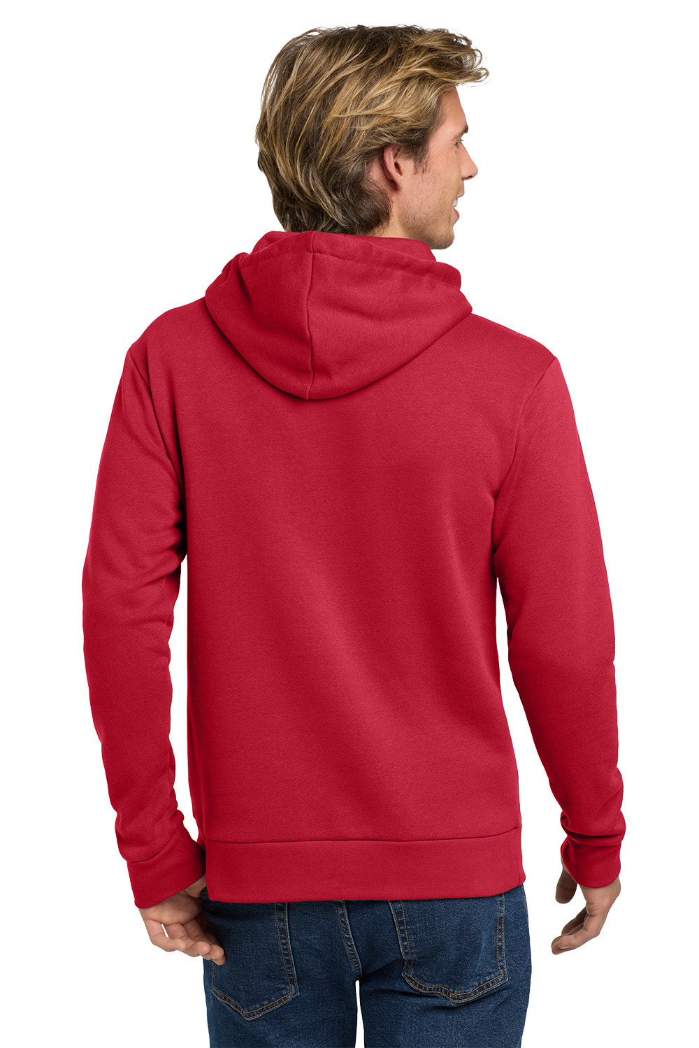 Person wearing a red hoodie from behind on a white background. Next Level Apparel® Adult Santa Barbara Pullover Hoodie, Embroidered