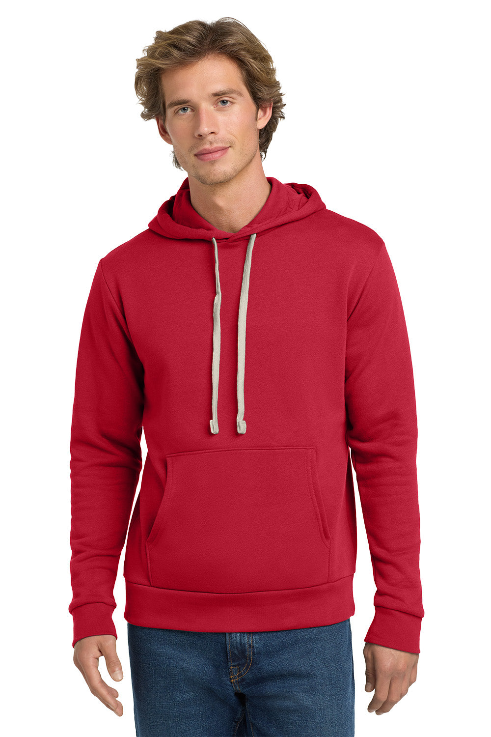 Man wearing a red hoodie on a white background. Next Level Apparel® Adult Santa Barbara Pullover Hoodie, Embroidered