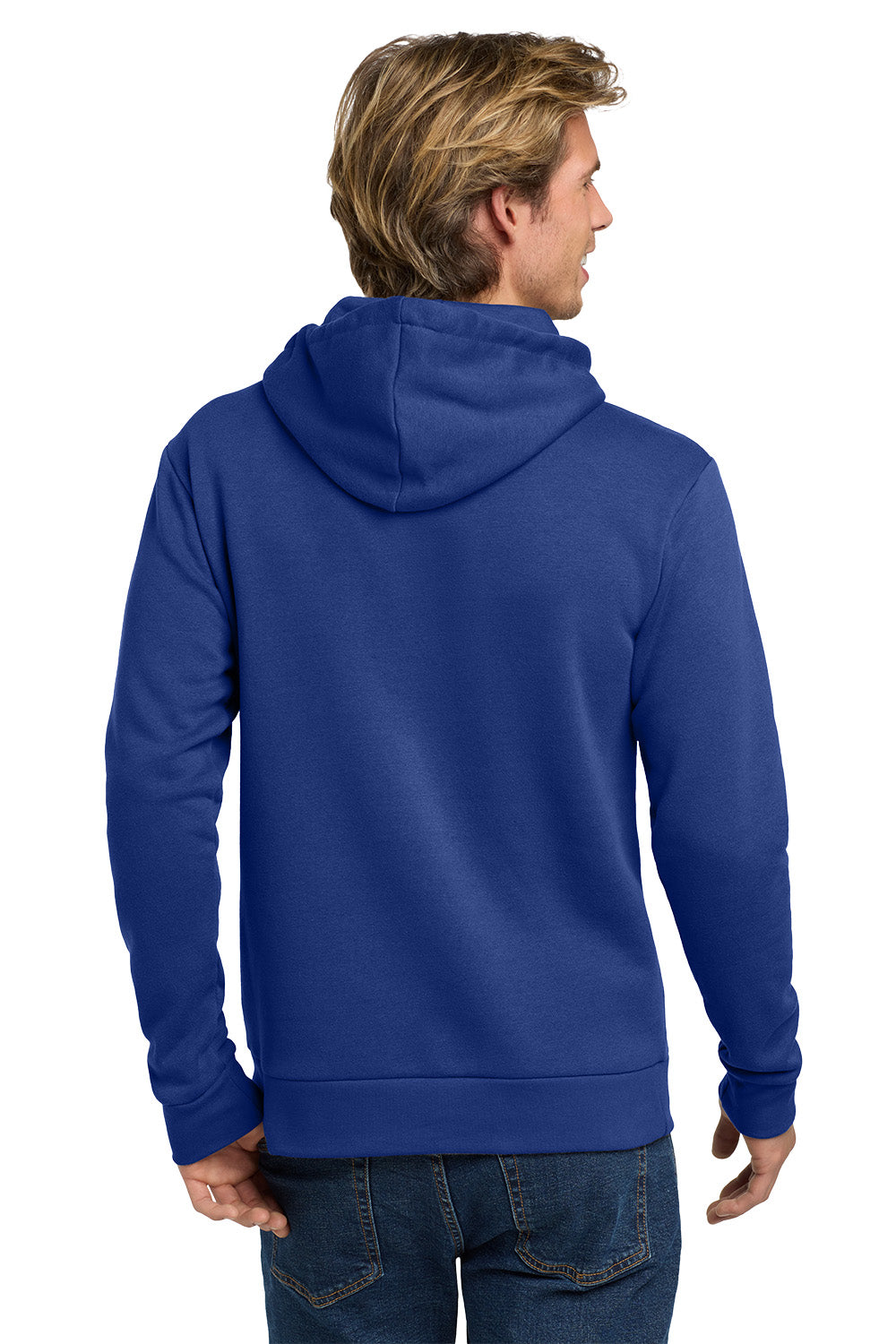 Person wearing a blue hoodie from behind on a white background. Next Level Apparel® Adult Santa Barbara Pullover Hoodie, Embroidered