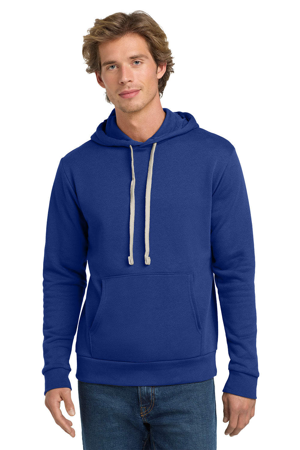 Man wearing a blue hoodie on a white background. Next Level Apparel® Adult Santa Barbara Pullover Hoodie, Embroidered
