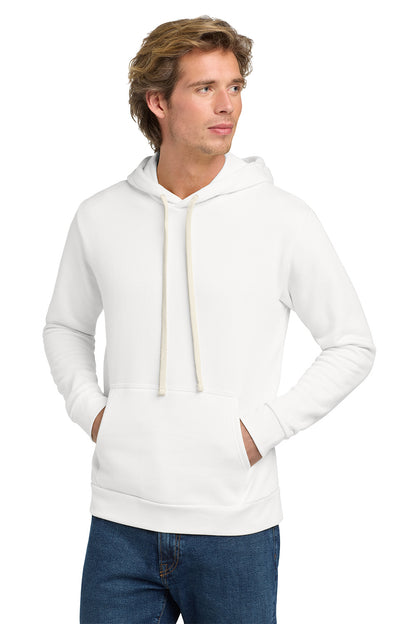 Man wearing a white hoodie and blue jeans on a white background. Next Level Apparel® Adult Santa Barbara Pullover Hoodie, Embroidered