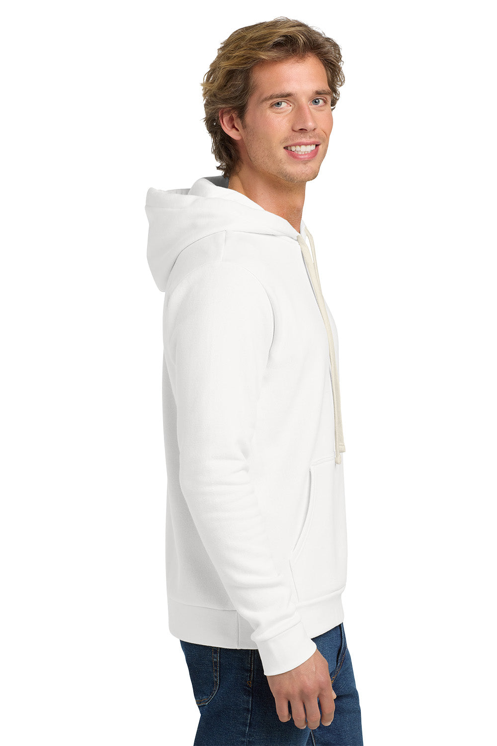 Man wearing a white hoodie on a white background. Next Level Apparel® Adult Santa Barbara Pullover Hoodie, Embroidered