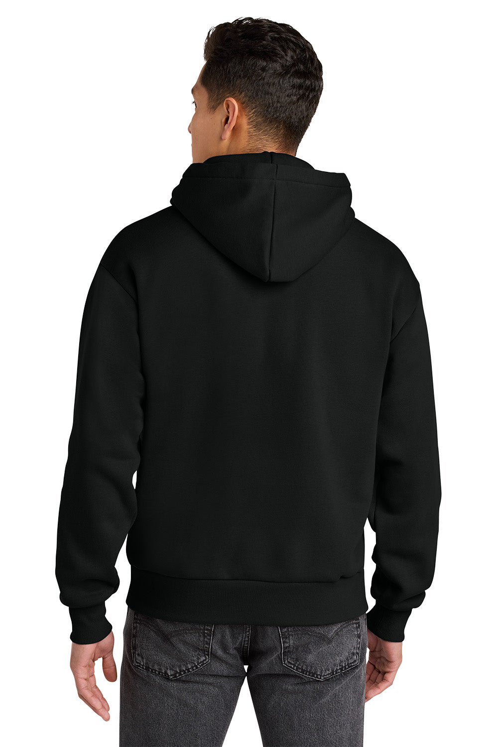 Person wearing a black hoodie from behind on a white background. Next Level Apparel® Heavyweight Hoodie, Embroidered