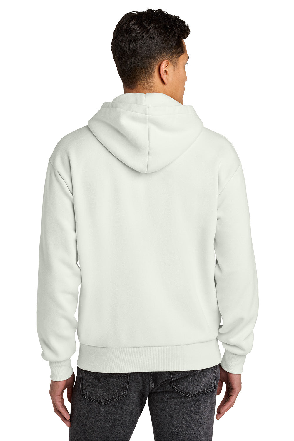 Person wearing a white hoodie from behind on a white background. Next Level Apparel® Heavyweight Hoodie, Embroidered