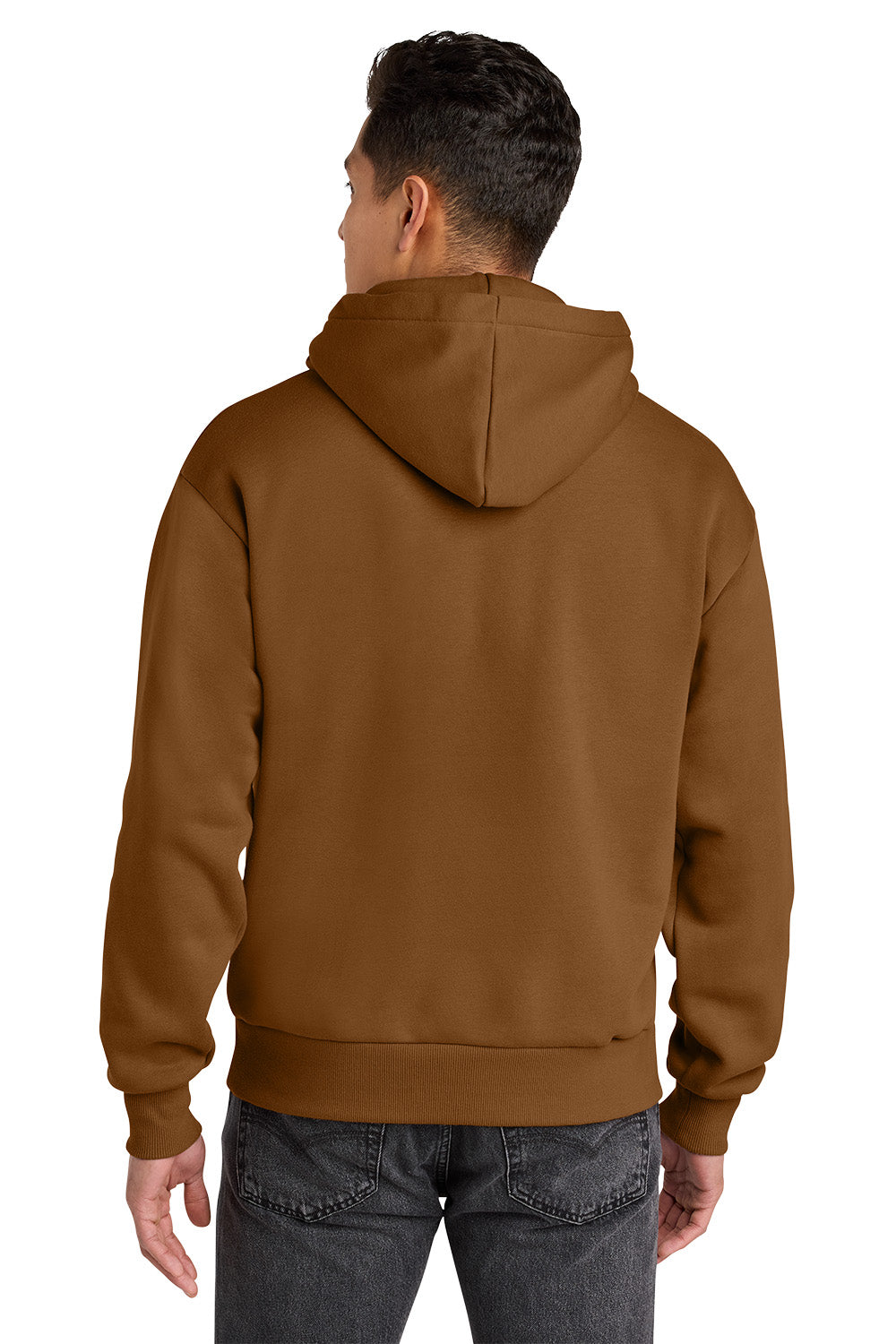A man viewed from the back wearing a solid brown pullover hoodie and dark gray jeans against a plain white background. Next Level Apparel® Heavyweight Hoodie, Embroidered