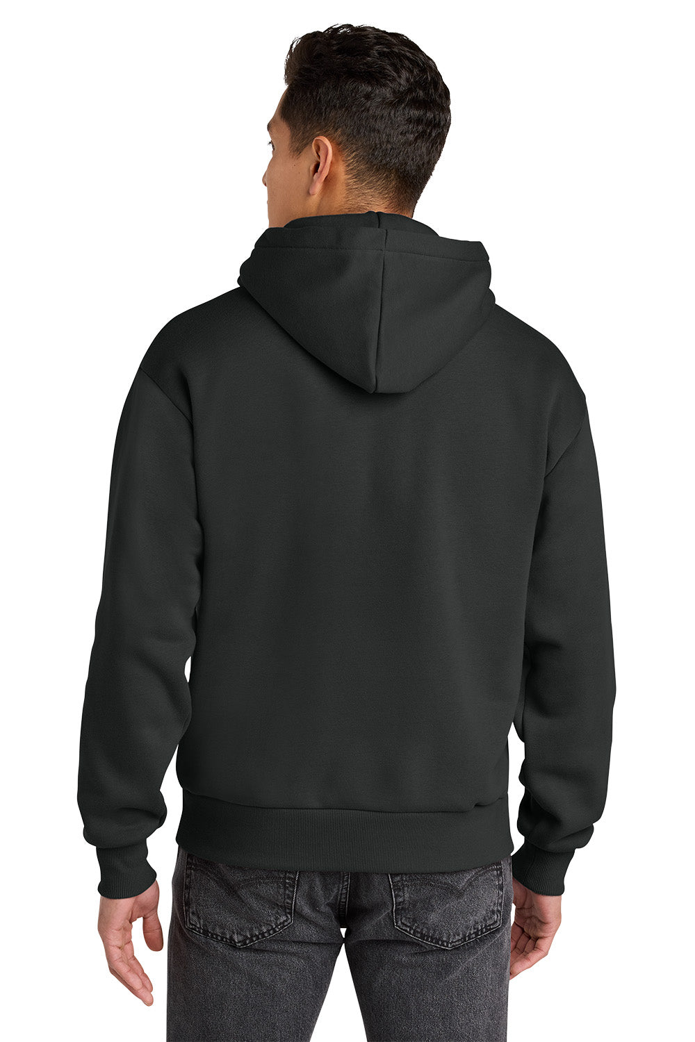 Person wearing a black hoodie from behind on a white background. Next Level Apparel® Heavyweight Hoodie, Embroidered