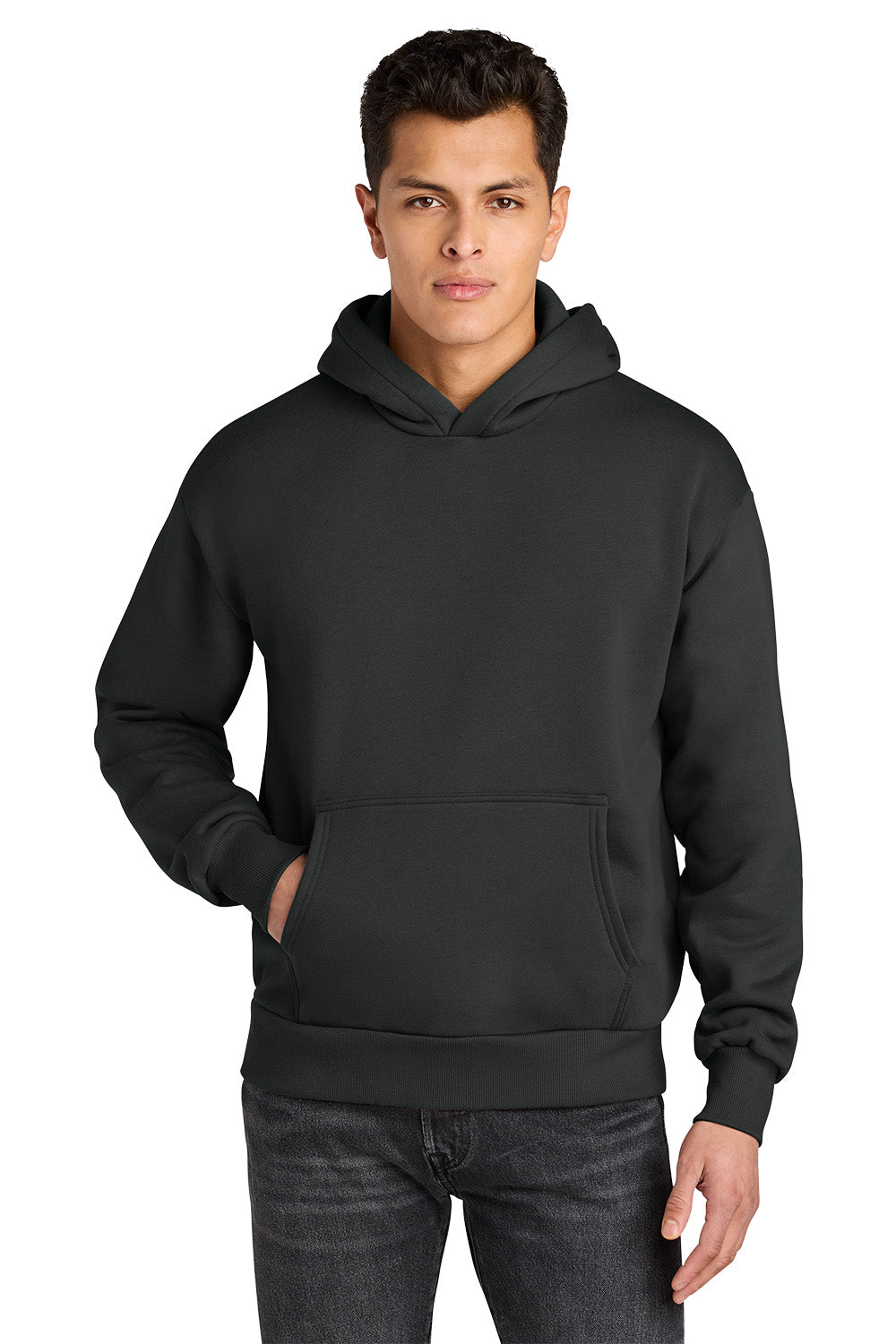 Man wearing a black hoodie on a white background. Next Level Apparel® Heavyweight Hoodie, Embroidered