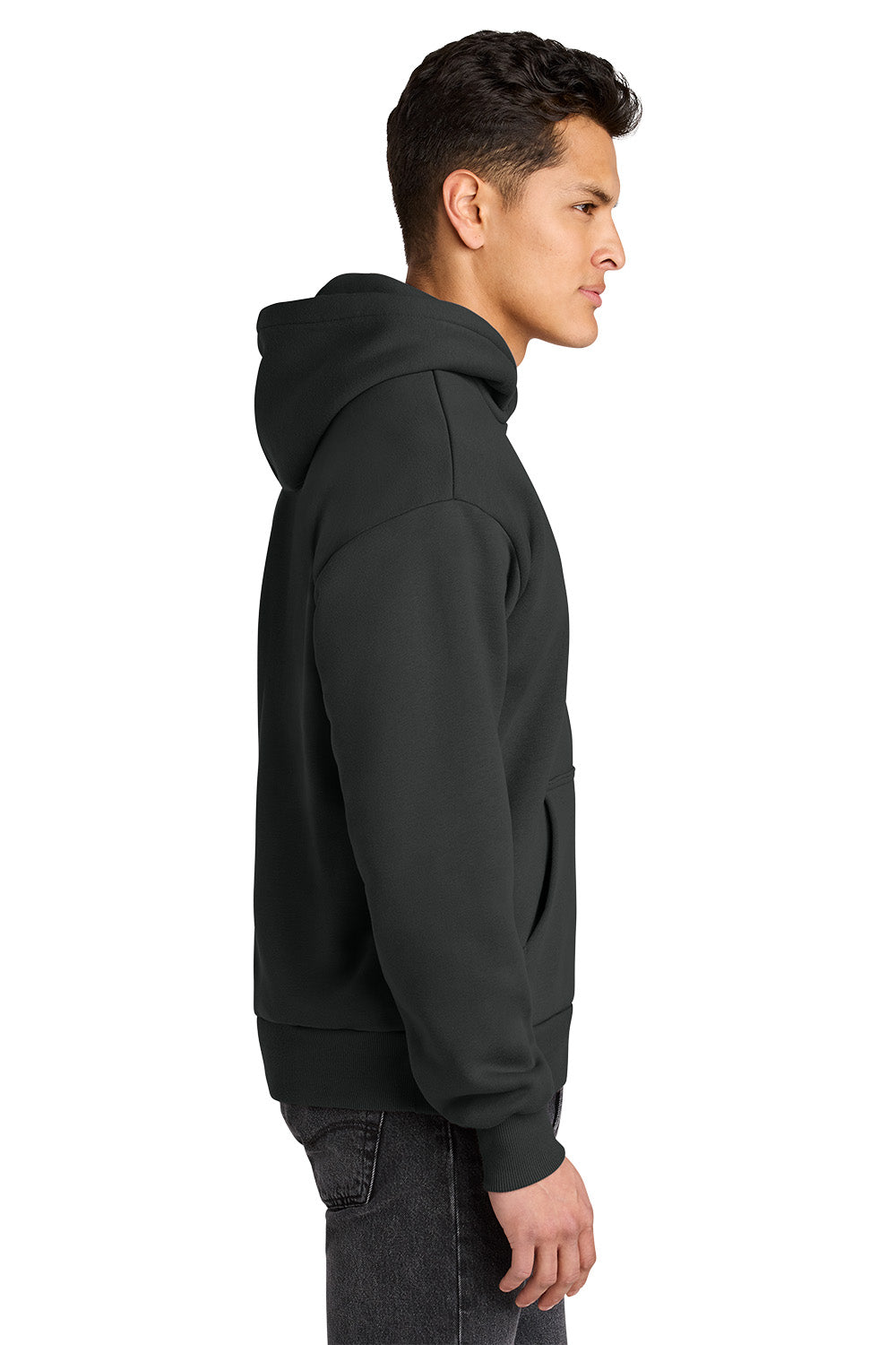 Person wearing a black hoodie on a white background. Next Level Apparel® Heavyweight Hoodie, Embroidered