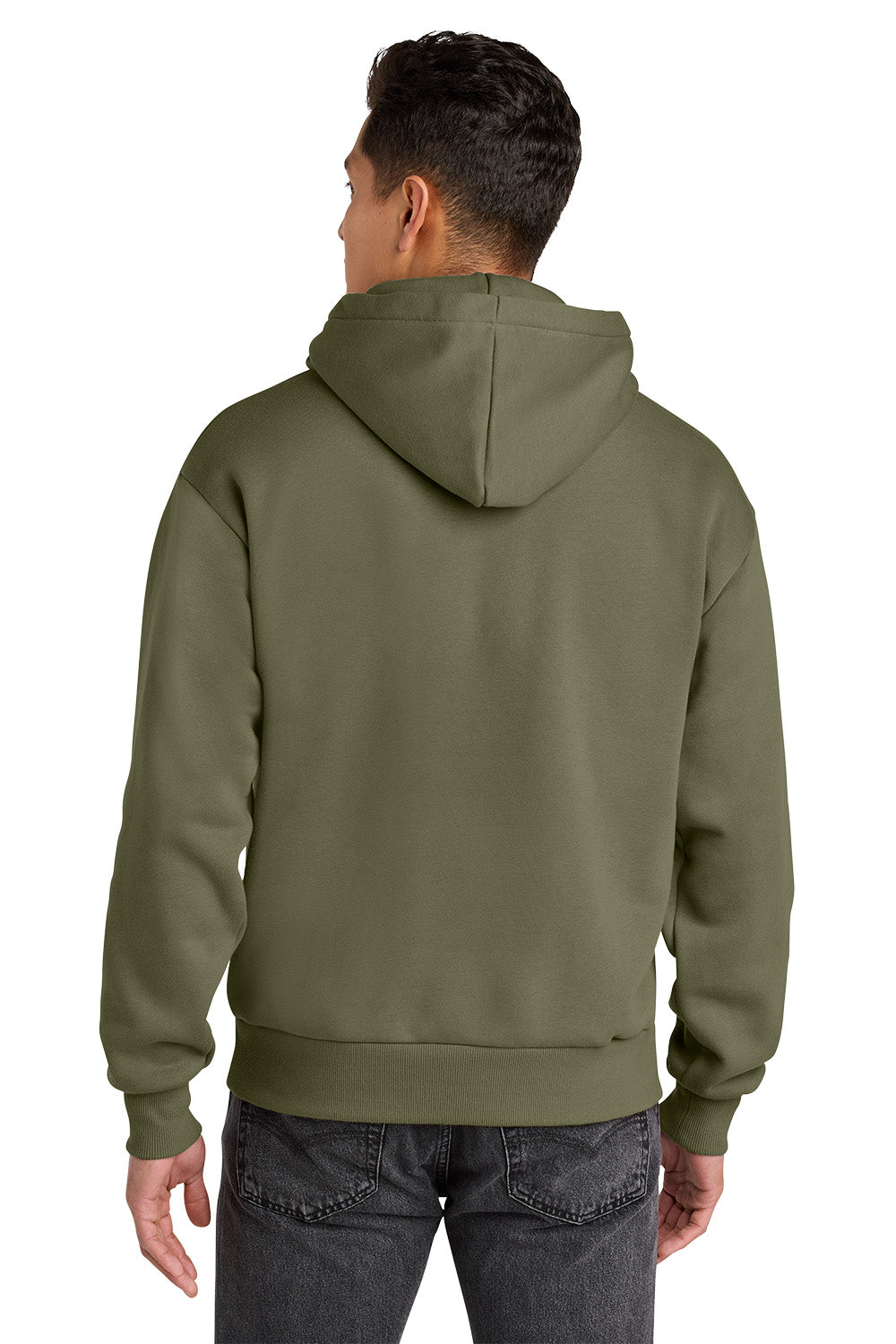 A man viewed from the back wearing an olive green pullover hoodie and dark gray jeans against a plain white background. Next Level Apparel® Heavyweight Hoodie, Embroidered
