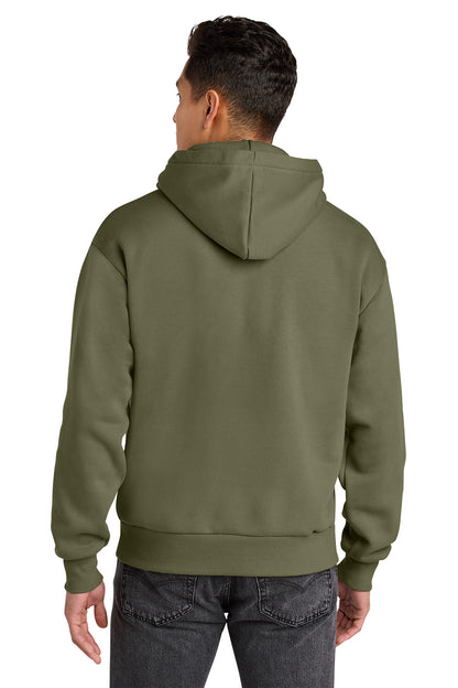 A man viewed from the back wearing an olive green pullover hoodie and dark gray jeans against a plain white background. Next Level Apparel® Heavyweight Hoodie, Embroidered