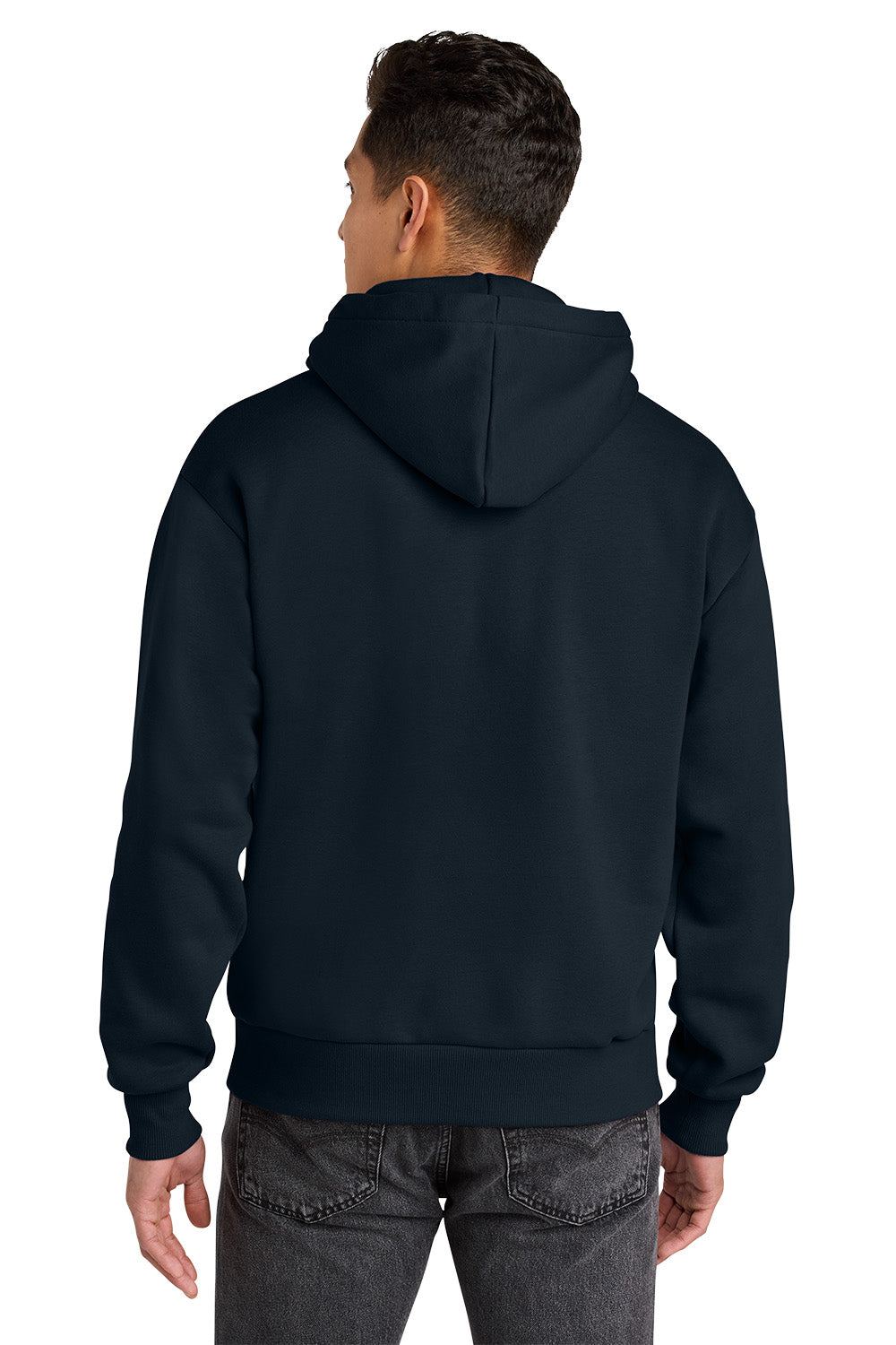 Person wearing a black hoodie from behind on a white background. Next Level Apparel® Heavyweight Hoodie, Embroidered