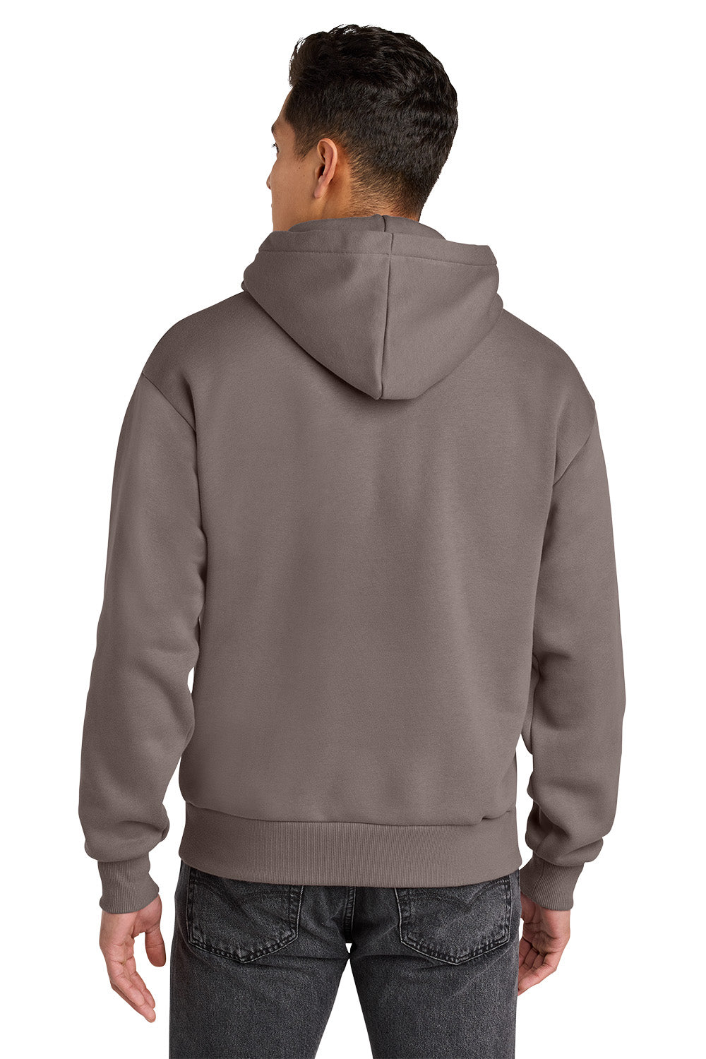 Person wearing a gray hoodie from behind on a white background. Next Level Apparel® Heavyweight Hoodie, Embroidered