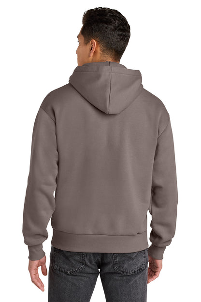 Person wearing a gray hoodie from behind on a white background. Next Level Apparel® Heavyweight Hoodie, Embroidered