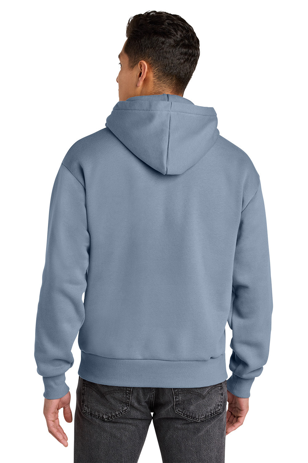 Person wearing a light blue hoodie from behind on a white background. Next Level Apparel® Heavyweight Hoodie, Embroidered