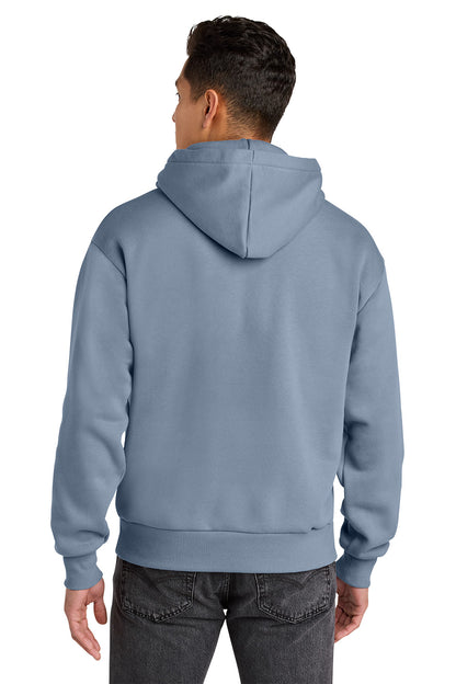 Person wearing a light blue hoodie from behind on a white background. Next Level Apparel® Heavyweight Hoodie, Embroidered
