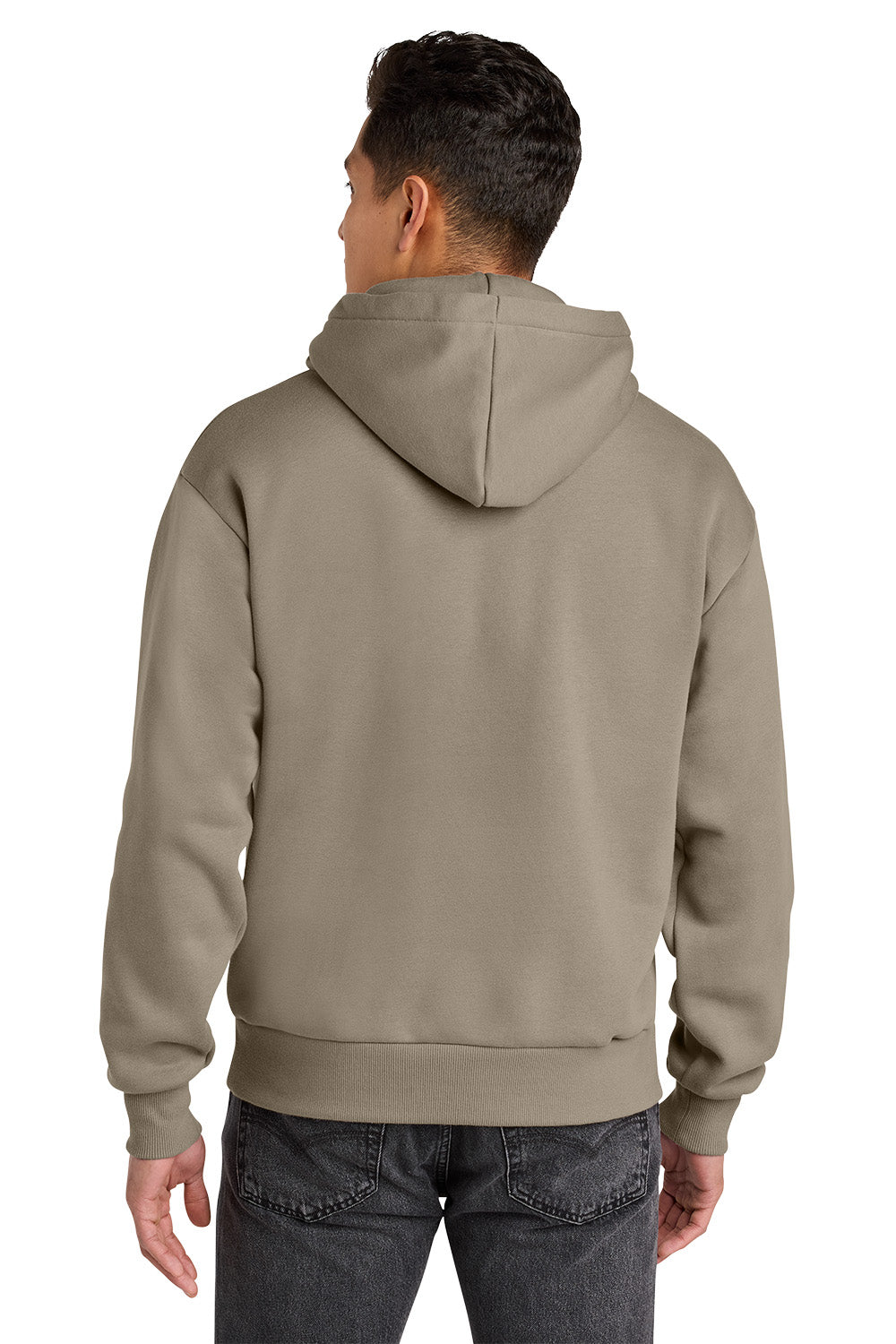 Person wearing a beige hoodie from behind on a white background. Next Level Apparel® Heavyweight Hoodie, Embroidered