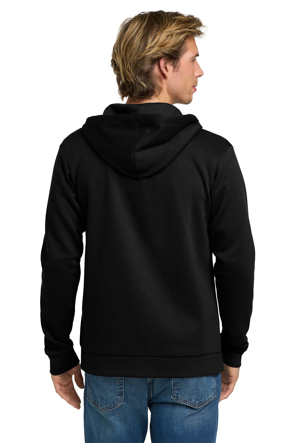 A man viewed from the back wearing a plain black pullover hoodie and blue jeans against a clean white background. Next Level Apparel® Adult Santa Barbara Zip Hoodie, Embroidered