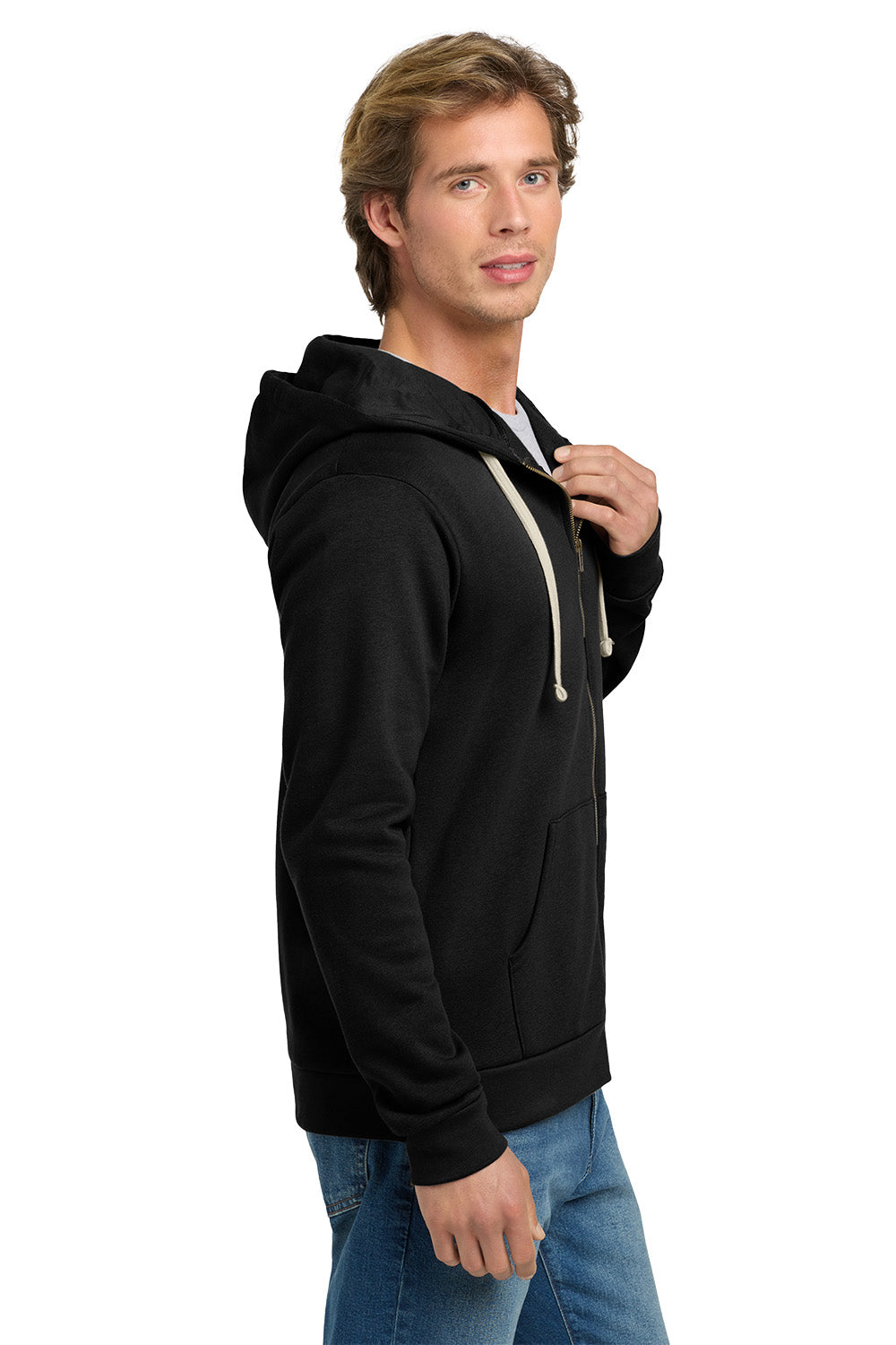 Man wearing a black hoodie with a white background. Next Level Apparel® Adult Santa Barbara Zip Hoodie, Embroidered