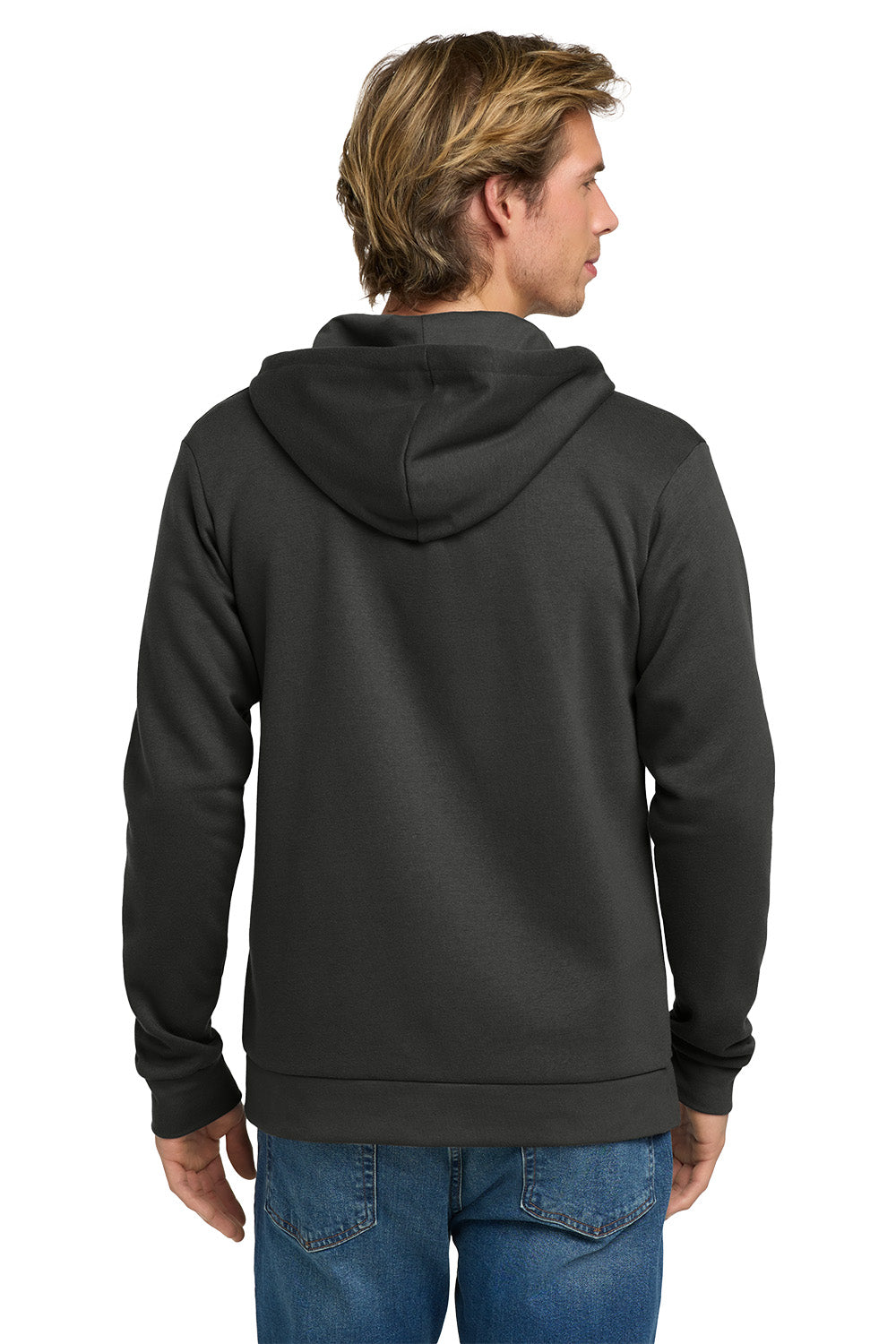 Man wearing a black hoodie from behind on a white background. Next Level Apparel® Adult Santa Barbara Zip Hoodie, Embroidered