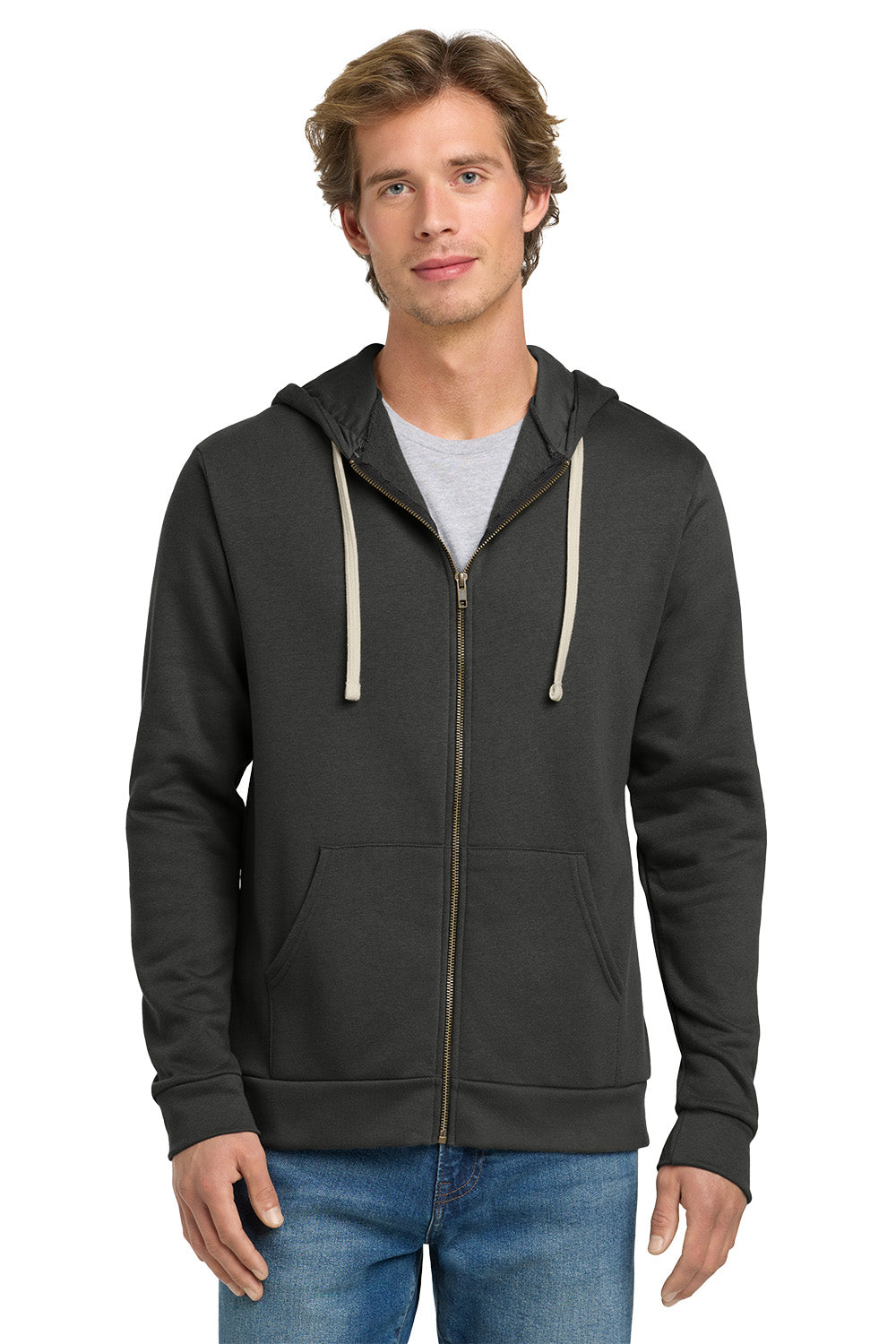 Man wearing a dark gray hoodie with a zipper on a white background. Next Level Apparel® Adult Santa Barbara Zip Hoodie, Embroidered