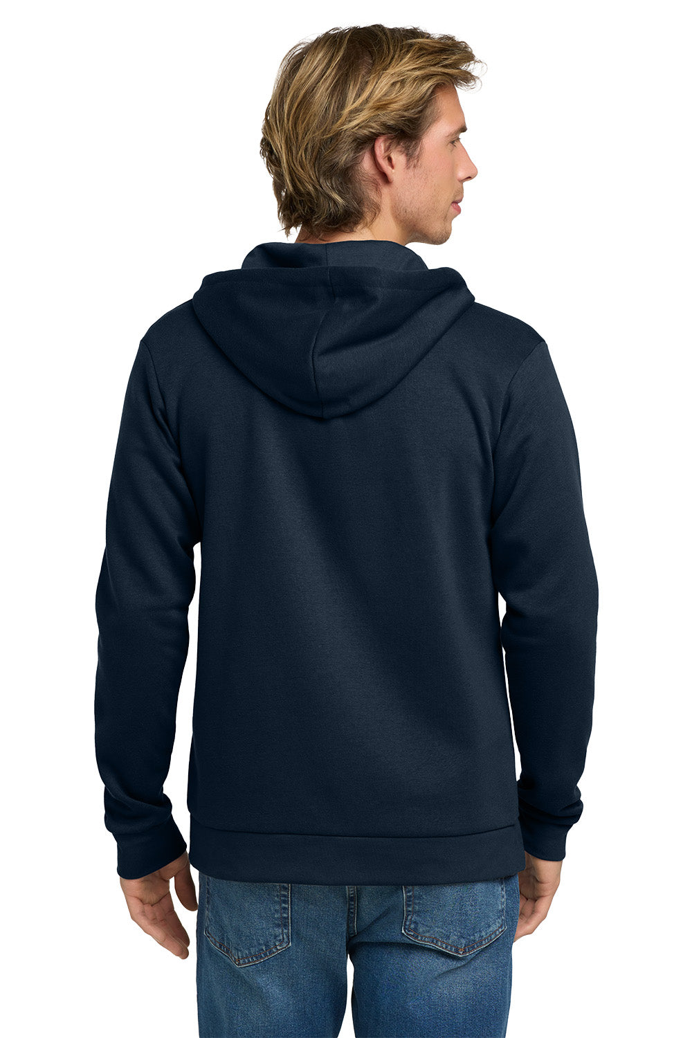 Man wearing a navy blue hoodie from behind on a white background. Next Level Apparel® Adult Santa Barbara Zip Hoodie, Embroidered