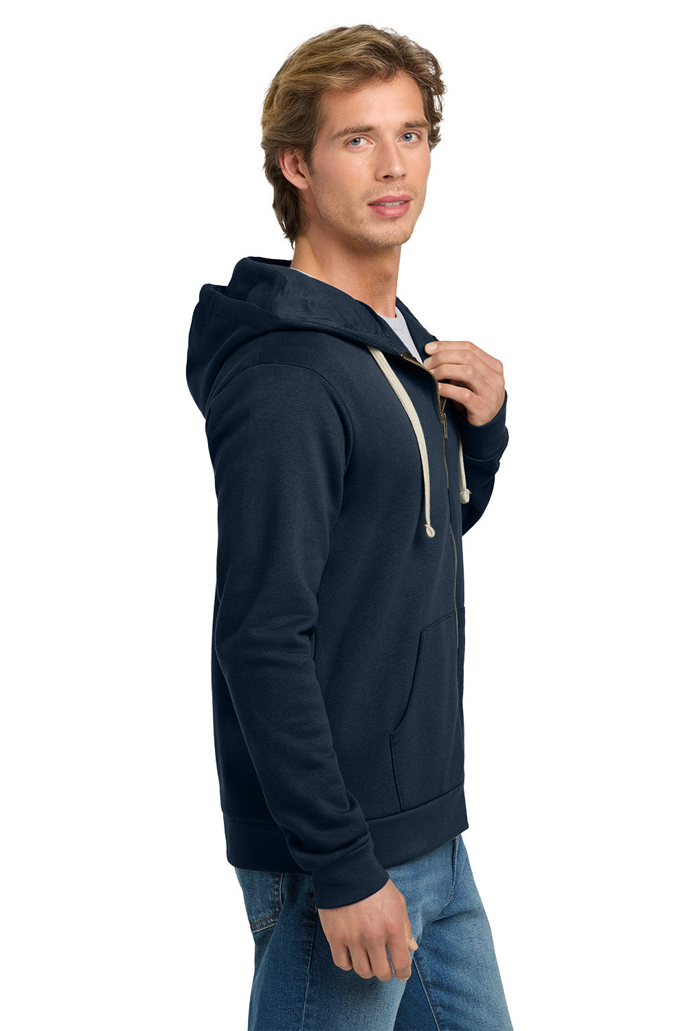 Man wearing a navy blue hoodie with a white background. Next Level Apparel® Adult Santa Barbara Zip Hoodie, Embroidered