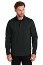 Man wearing a black pullover with a quarter-zip design on a white background. OGIO® Aspect 1/2-Zip Pullover, Embroidered by Helmsman Stitch Co.