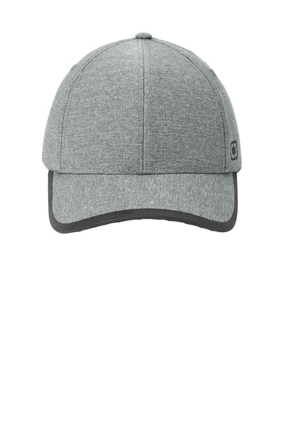 A heather gray baseball cap with a dark gray curved brim and a small black logo patch on the side, shown against a plain white background. OGIO® Flux Cap, Embroidered