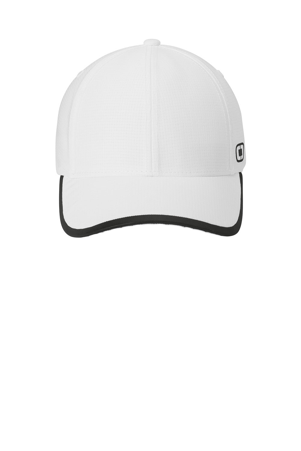 A white structured baseball cap with a black curved brim edge and a small black logo on the side, shown against a plain white background. OGIO® Flux Cap, Embroidered