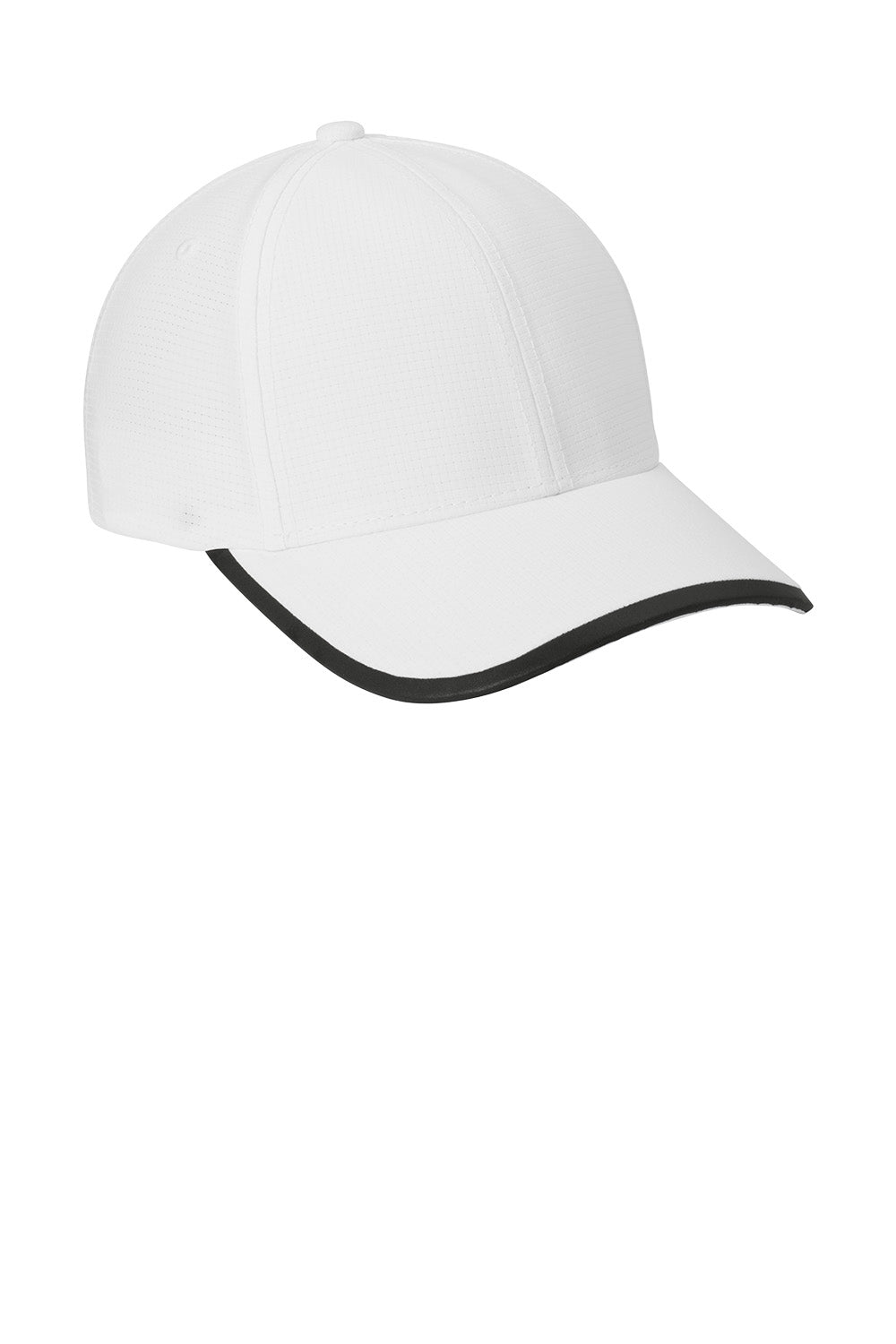 A white baseball cap with a black curved edge trim on the brim, shown against a plain white background. OGIO® Flux Cap, Embroidered