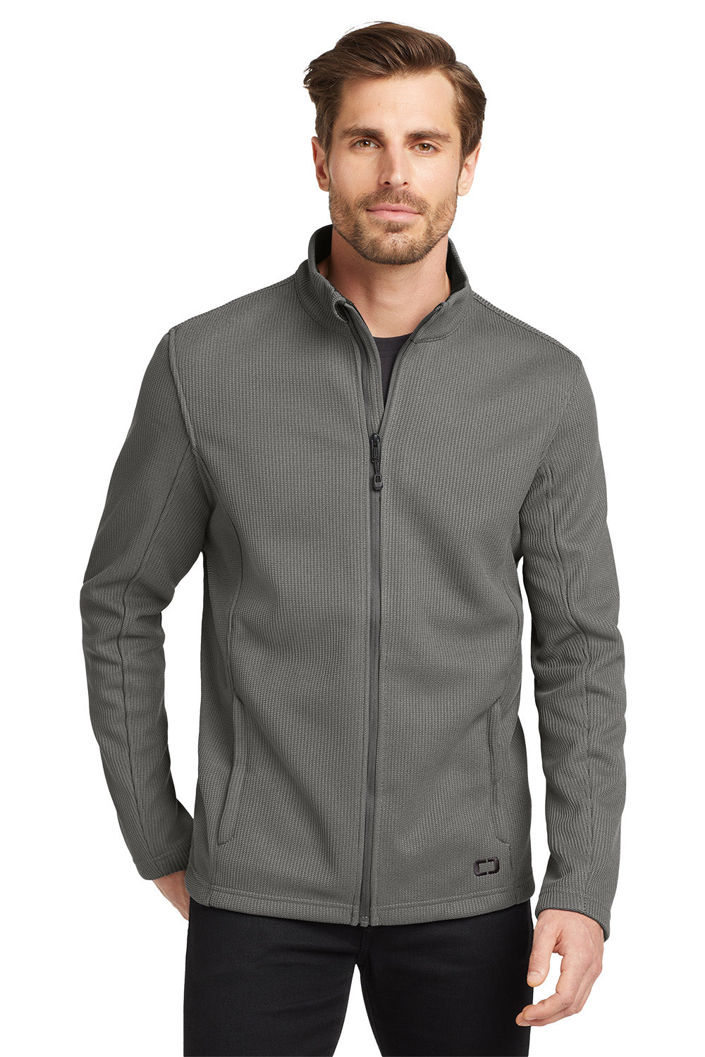 Man wearing a gray jacket on a white background embroidered OGIO® Grit Fleece Jacket