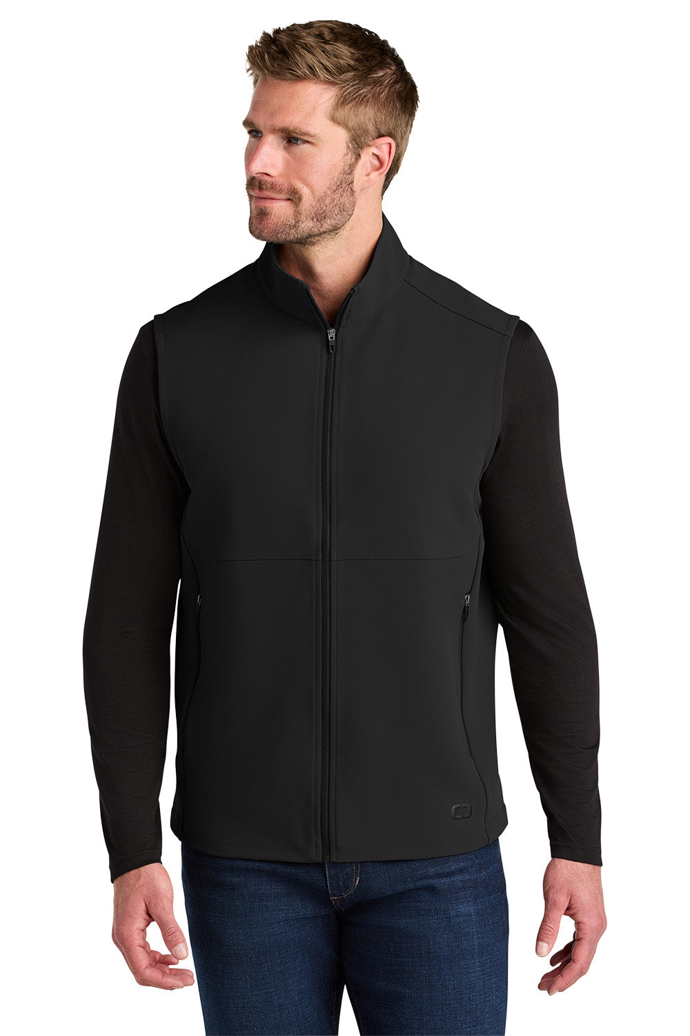 Man wearing a black jacket on a white background, Embroidered OGIO® Kinetic Soft Shell Vest