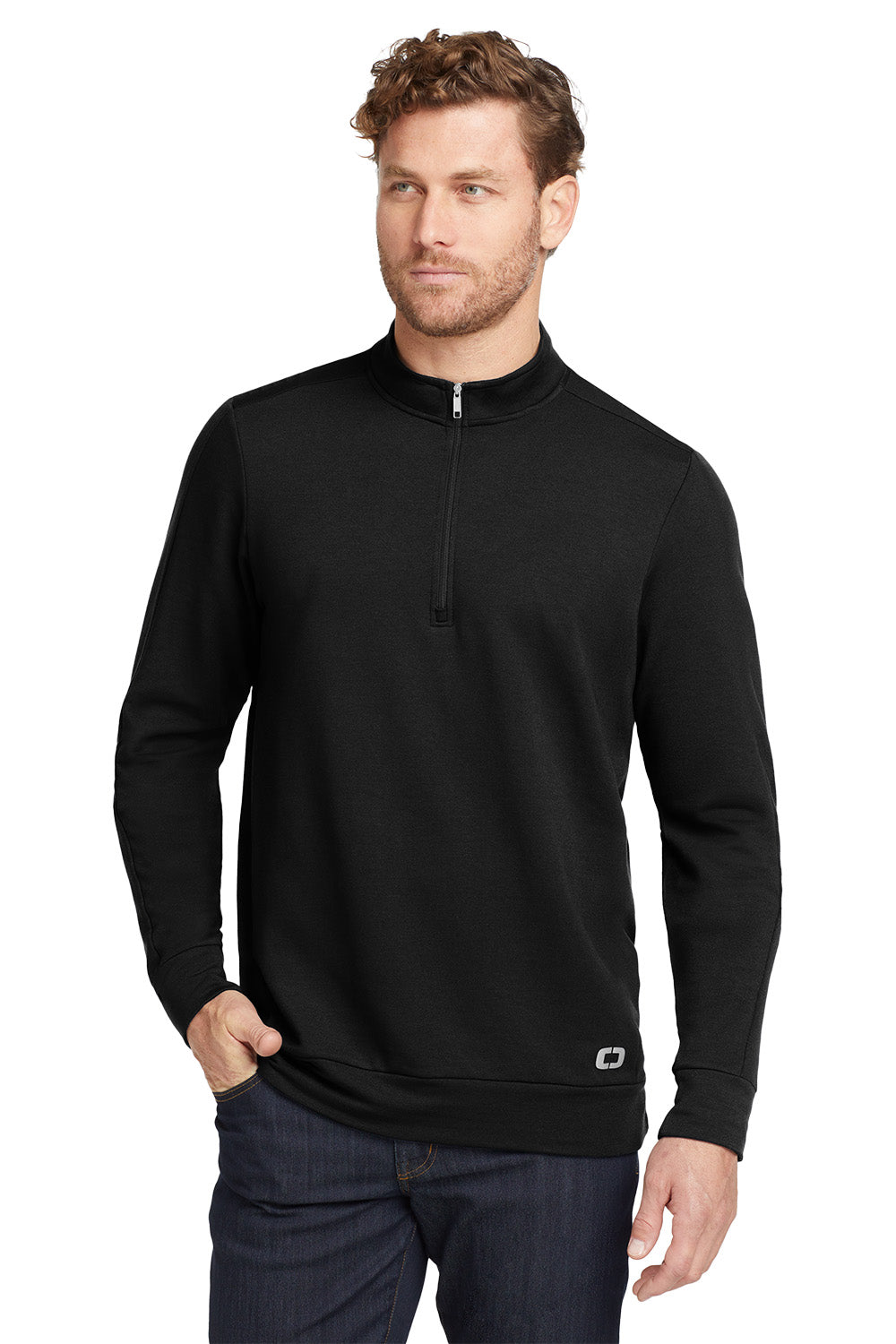 Man wearing a black quarter-zip pullover on a white background, embroidered OGIO® Luuma 1/2-Zip Fleece