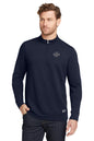 Man wearing a navy blue pullover with a logo on a white background, embroidered OGIO® Luuma 1/2-Zip Fleece