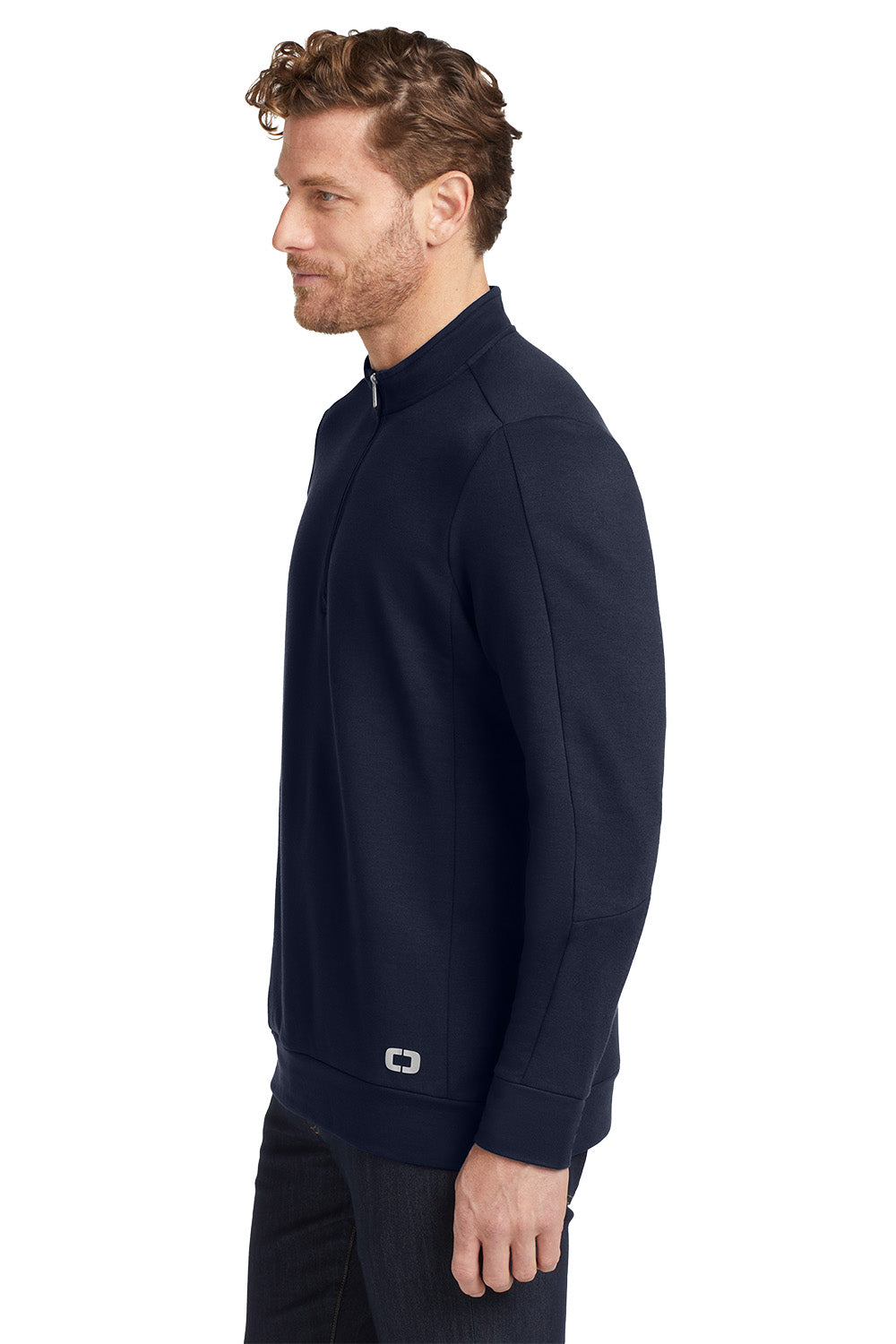 Man wearing a navy blue quarter-zip sweatshirt on a white background, embroidered OGIO® Luuma 1/2-Zip Fleece