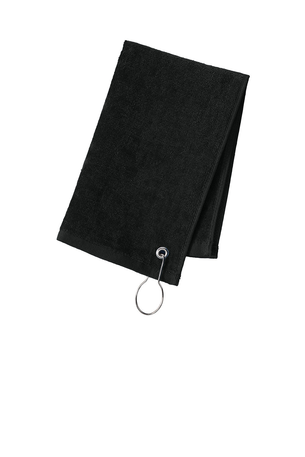Black towel with a keychain on a white background. Port Authority Grommeted Hemmed Towel, Embroidered by Helmsman Stitch Co.