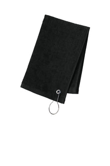 Black towel with a keychain on a white background. Port Authority Grommeted Hemmed Towel, Embroidered by Helmsman Stitch Co.