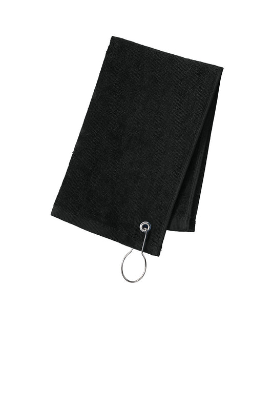 Black towel with a keychain on a white background. Port Authority Grommeted Hemmed Towel, Embroidered by Helmsman Stitch Co.