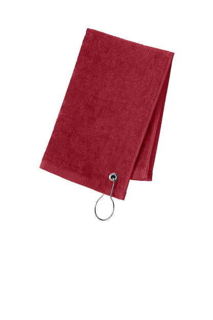 Red towel with a key ring on a white background. Port Authority Grommeted Hemmed Towel, Embroidered by Helmsman Stitch Co.