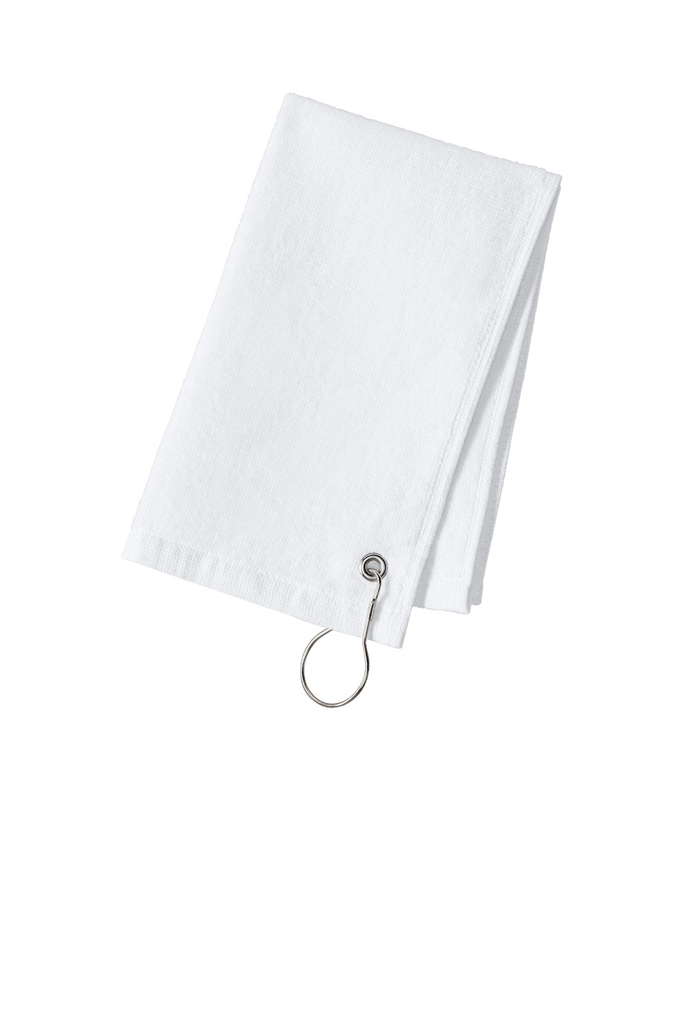 White folded towel with a metal clip on a white background. Port Authority Grommeted Hemmed Towel, Embroidered by Helmsman Stitch Co.