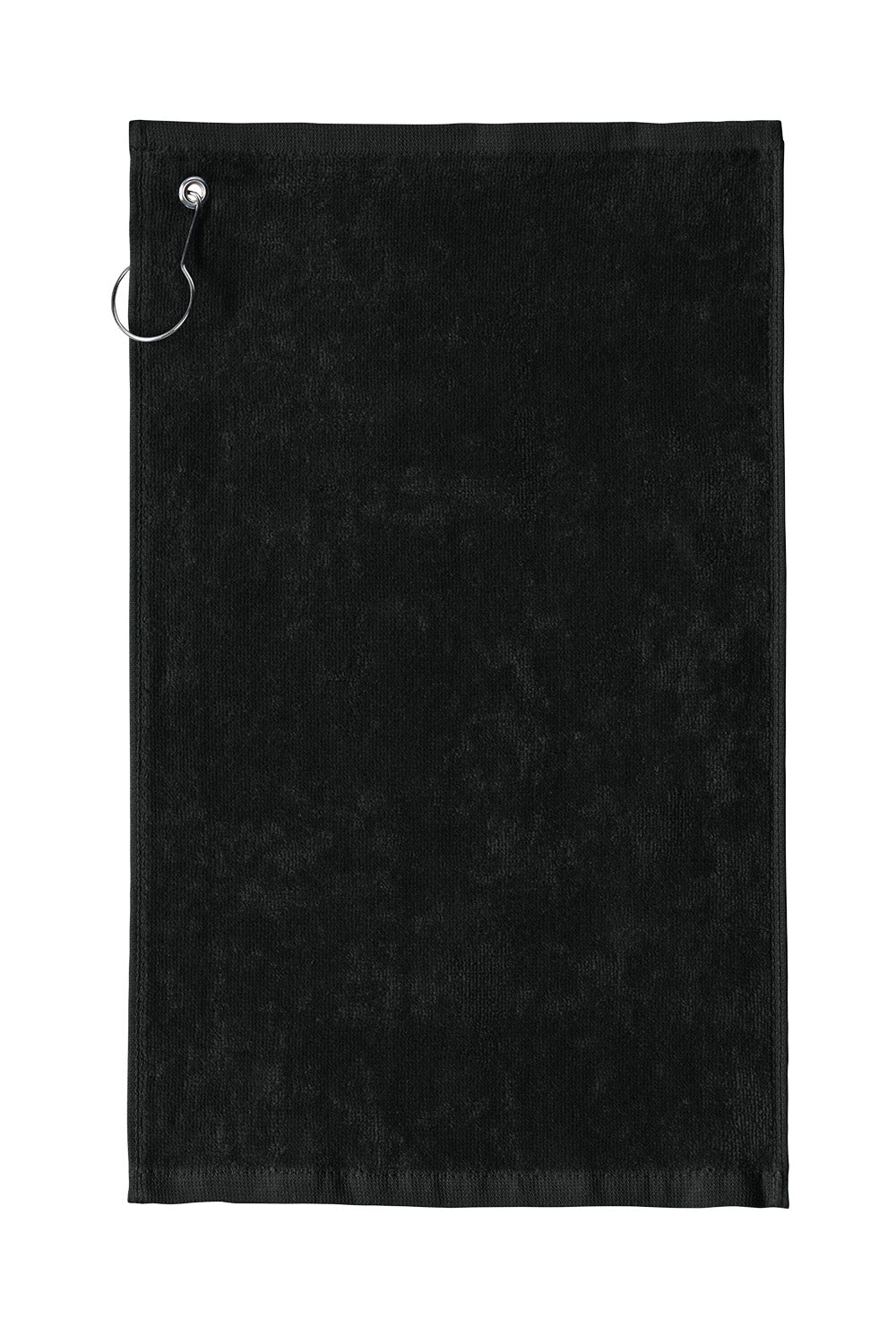 Black towel with a metal clip on a white background. Port Authority Grommeted Hemmed Towel, Embroidered by Helmsman Stitch Co.
