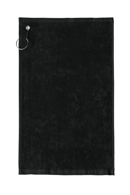 Black towel with a metal clip on a white background. Port Authority Grommeted Hemmed Towel, Embroidered by Helmsman Stitch Co.